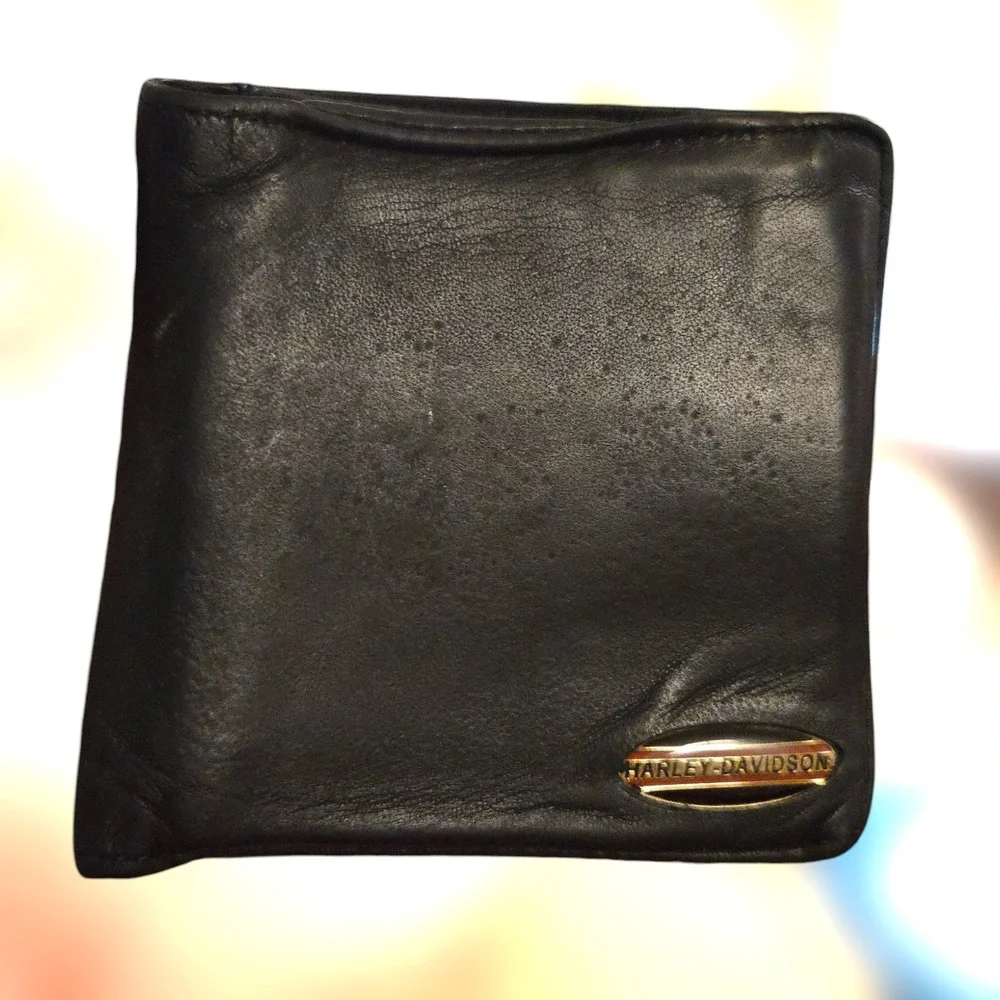 Harley Davidson Wallet Biker Motorcycle Black Leather Metal Logo Bifold GUC Moto